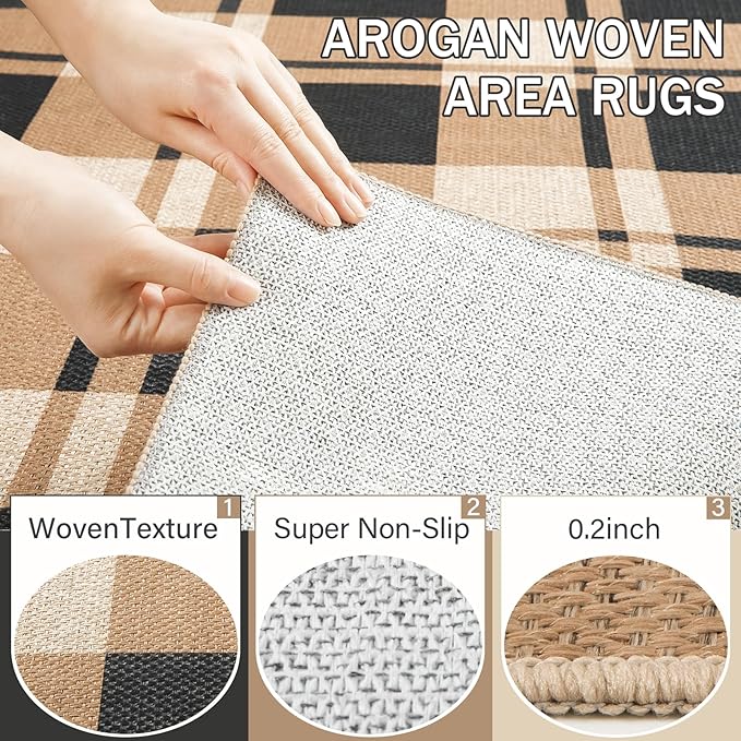AROGAN Checkered Jute 4x6 Area Rugs, Washable Outdoor Patio Rug for Living Room Entrance Indoor Outdoor Carpet, Farmhouse Design Neutral Geometric Rugs for Front Porch Mat Dining Room