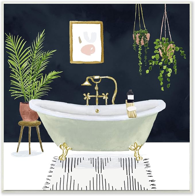 Designer Bathroom Blue Gold, 12 x 12 Inch Mounted Print on Wall Plaque | Stupell Industries · By Victoria Borges · Hand finished · Printed in Johnston · Rhode Island · Made in USA