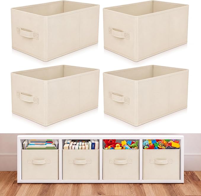 Yinder Cube Storage Bin Storage Bins for Room Decor Colorful Bins Foldable Baskets for Nursery Organizer Boxes Fabric Boxes(14''x10''x8'',Beige,4 Pcs)