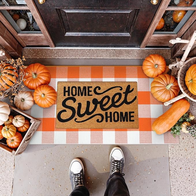 Uphome Bufflo Plaid Outdoor Rug 2'x4.3', Fall Decor Checkered Front Door Mat, Indoor Outdoor Farmhouse Porch Rug for Layered Door Mats, Washable Halloween White/Orange Runner for Patio Entryway