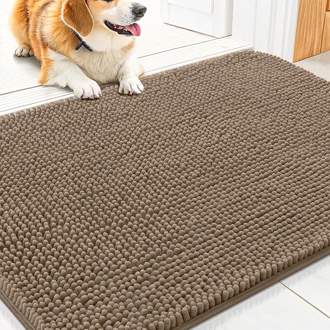 Smiry Dog Door Mat for Muddy Paws 30x17, Absorbent Dirt Trapper, Non-Slip Washable Chenille Entryway Rug for Inside Floor, Camel, Classic Solid
