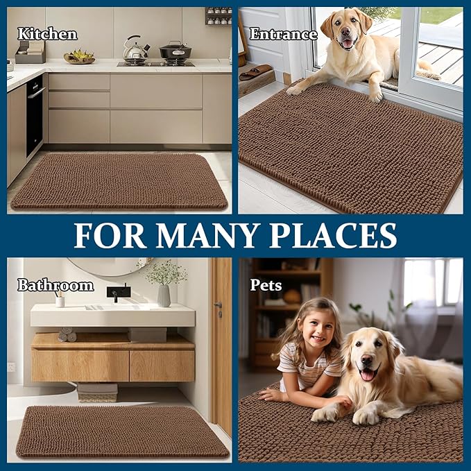 OLANLY Dog Door Mat for Muddy Paws 47x32, Absorbs Moisture and Dirt, Absorbent Non-Slip Washable Doormat, Quick Dry Chenille Mud Mat for Dogs, Entry Indoor Entryway Carpet for Inside Floor, Mocha