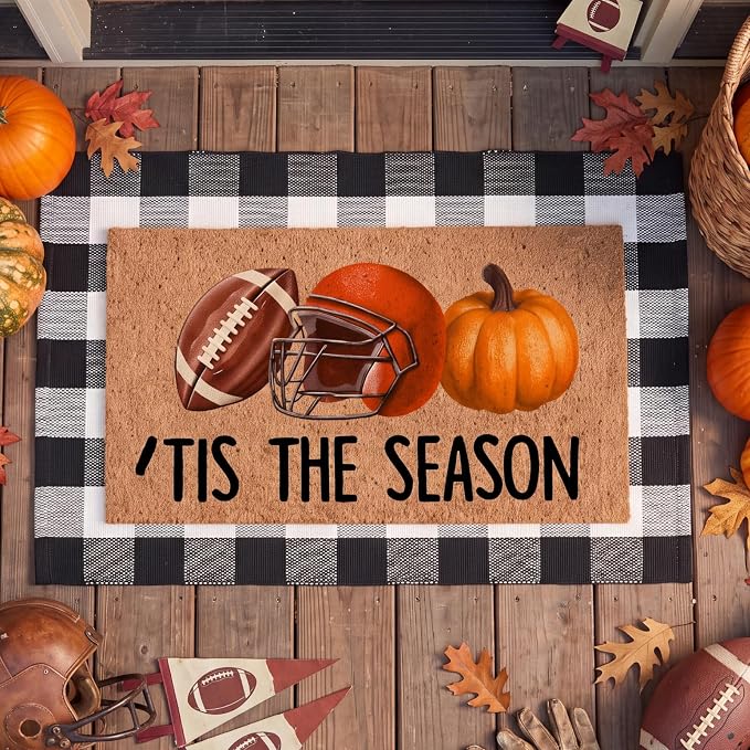 Moucuny 2 Pcs Fall Coir Doormat Outdoor Its The Season Football Doormat with Black and White Plaid Outdoor Rug Non Slip Mats for Autumn Entrance Porch Front Decor, 24'' x 35'', 16'' x 28''