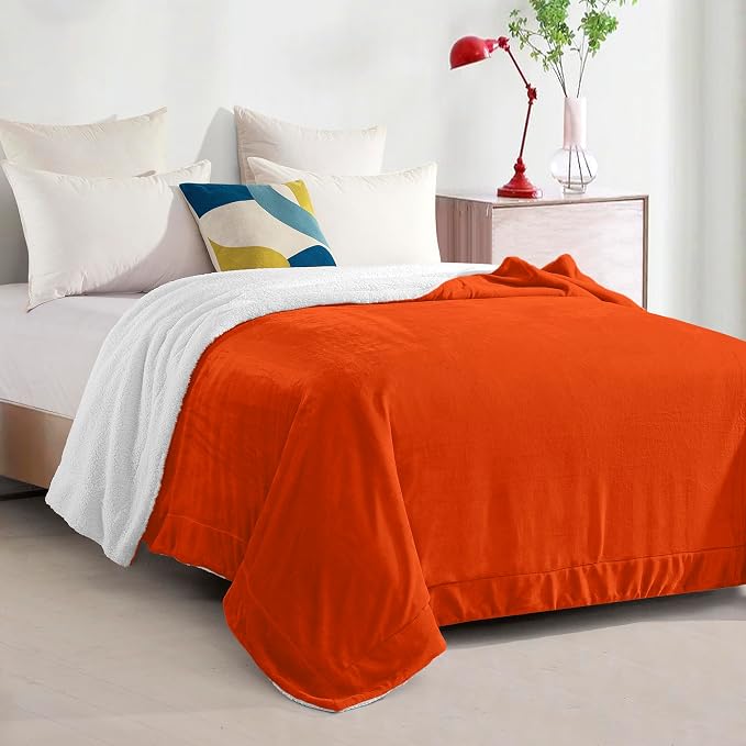 Elegant Comfort Ultra Soft Reversible Flannel Sherpa Blanket - Cozy Silky Fleece Throw for Couch, Bed - Plush Fuzzy Warm Winter Blanket for Gift, King, Orange