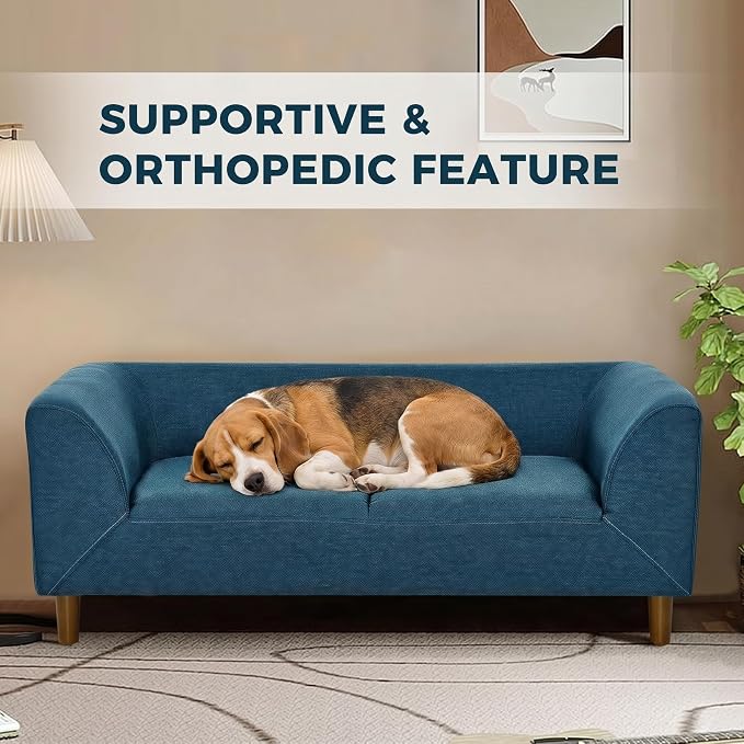 Dog Sofa Couch for Medium Dogs, Memory Foam Dog Sofa Bed, Modern Elevated Pet Couch Bed with Wooden Legs, Blue