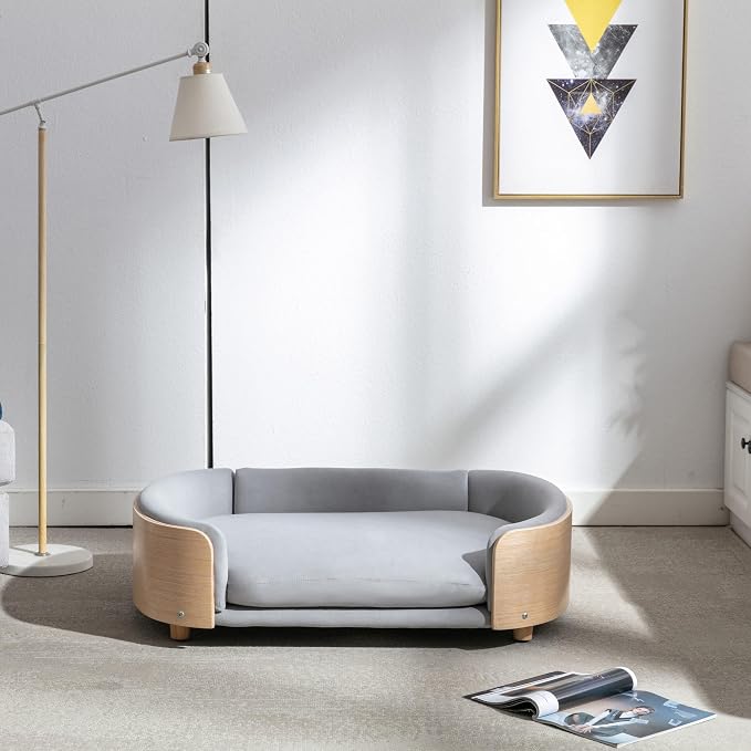 Scandinavian Style Elevated Dog Bed Pet Sofa with Solid Wood Legs and Bent Wood Back, Velvet Cushion, Large Size, Natural Frame & Light Grey Cushion