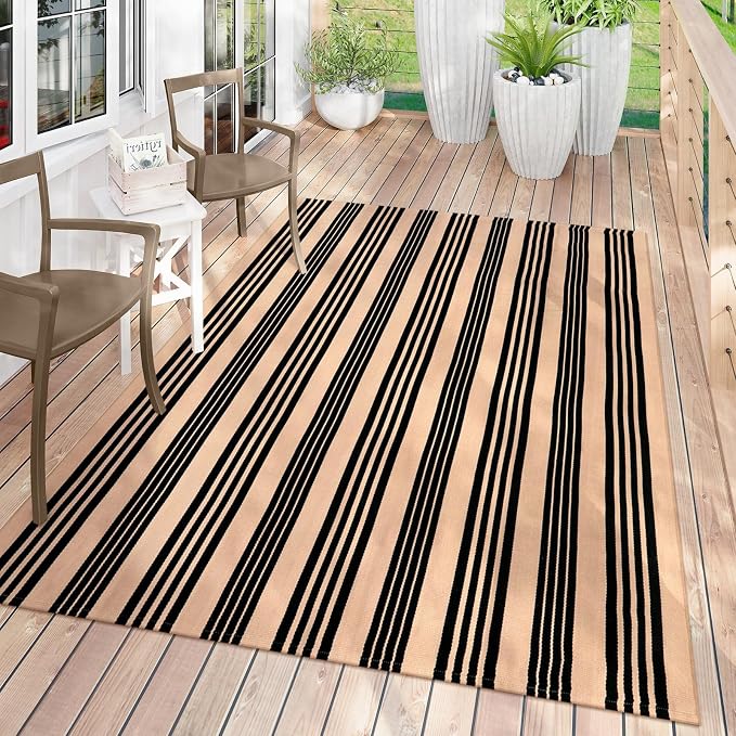 Black and Tan Indoor Outdoor Rug 5x7ft, Cotton Striped Layering Rug Woven Large Patios Rug Washable Modern Area Rug Carpet for Farmhouse Bedroom Living Room Balcony Patio Backyard Decor