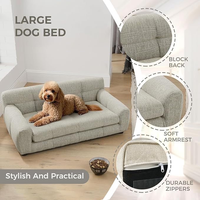 Dog Couch Bed with Backrest and Armrest, Durable Pet Sofa with Upholstered Foam Cushion, Elevated Dog Couch Bed with Legs for Medium Dogs, Dark Beige