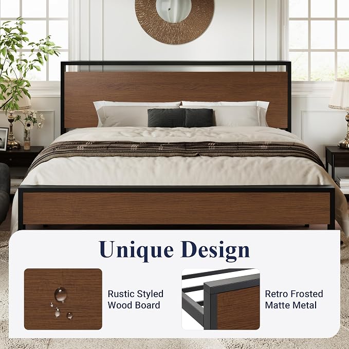Allewie King Size Bed Frame, Heavy Duty 12 Metal Slats Support, Walnut | Wooden Headboard and Footboard, Modern Platform Bed, No Box Spring Needed, Under-Bed Storage, Noise Free, Easy Assembly