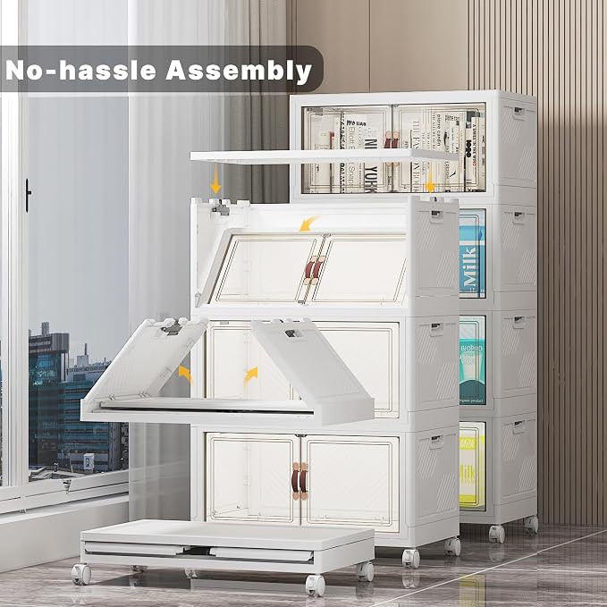 UAMFURI Stackable Storage Bins with Lid, 208QT Plastic Cabinet with Wheels | Large Capacity, Magnetic Door, Stack Lock, Rolling Wheels, Foldable Design, Organizers and Storage for Bedroom Dorm Garage