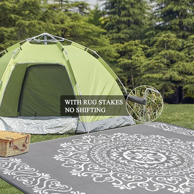 Pauwer Outdoor Rug 9x12, Waterproof Plastic Straw Camping Rug, Floral Grey | Reversible Patio Rug, UV Resistant Indoor Outdoor RV Mat Carpet For Deck, Camper, Porch, Balcony, Backyard, Picnic, Foldable