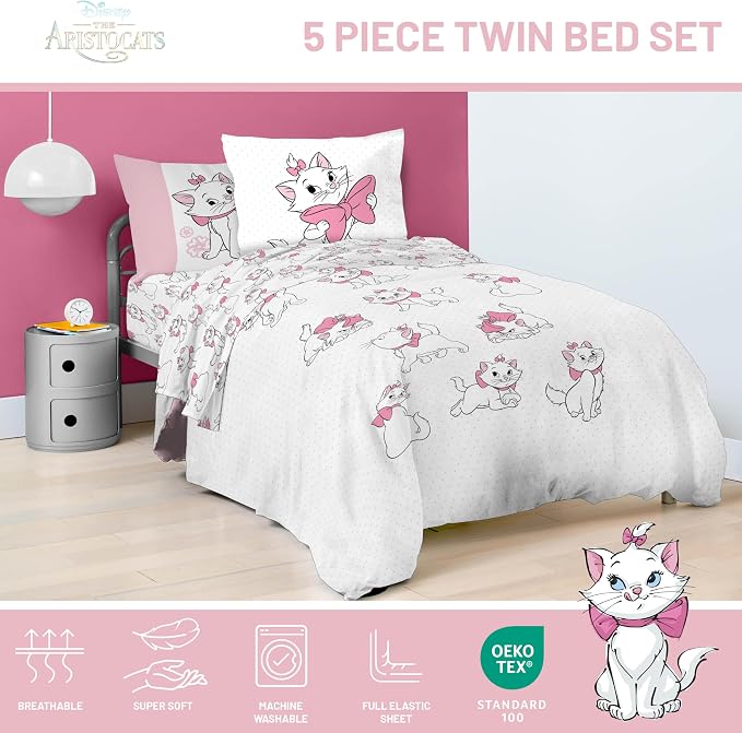 Disney Aristocats Marie Twin Comforter Set 5 Piece Kids Bedding, White | Bed in a Bag, Comforter Sheets Sham Pillowcase, Official Brand, Soft Microfiber, Machine Washable, Easy Care, Girls Gift