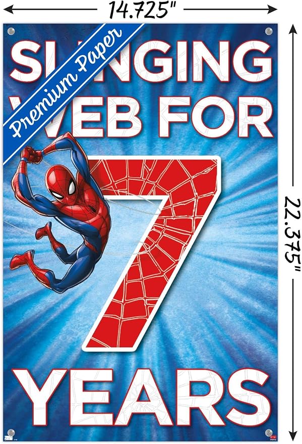 Trends International Marvel Spider-Man - Happy 7th Birthday Wall Poster, 14.72" x 22.37", Premium Poster & Push Pin Bundle