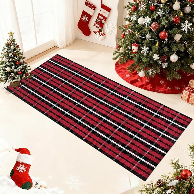 USTIDE Buffalo Plaid Cotton Handwoven Rug 2' x 4'3" Machine Washable Layered Front Porch Rug Red Black Checkered Farmhouse Entryway Mat Indoor Outdoor Door Mat for Patio Porch Christmas Holiday Decor