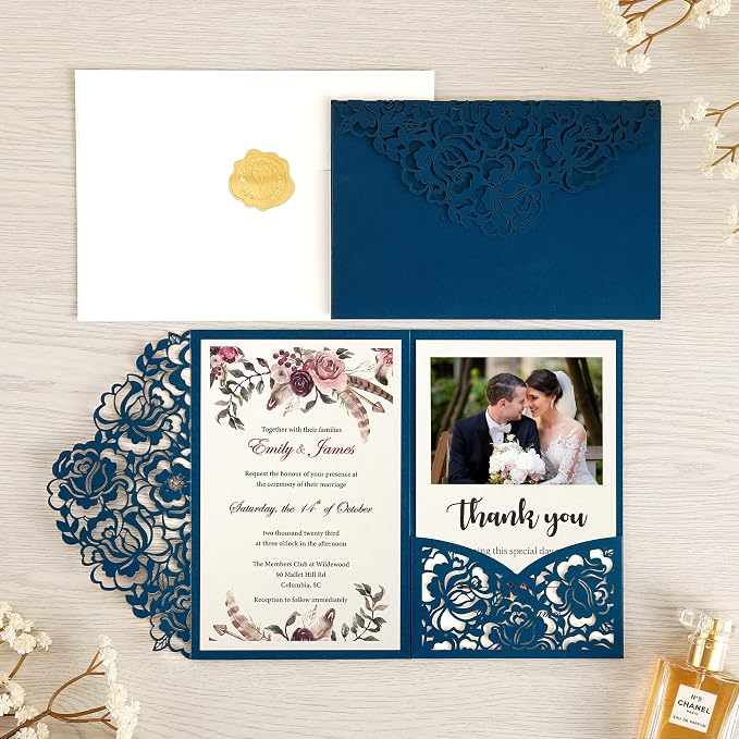 DORIS HOME 50Pcs Personalized Laser Cut Wedding Invitations, Blue | 4.7"x7.1", Customized Anniversary Invitations, With Envelopes