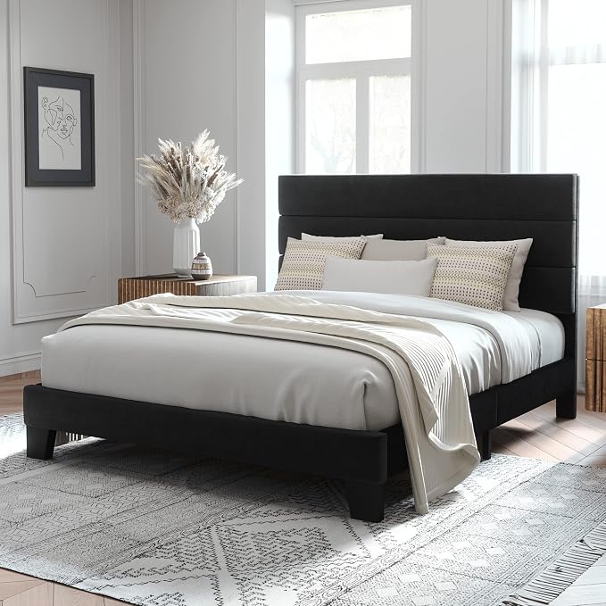 Allewie Full Size Platform Bed Frame with Velvet Upholstered Headboard | Wooden Slats Support, Fully Upholstered Mattress Foundation, No Box Spring Needed, Easy Assembly, Noise-Free, Black