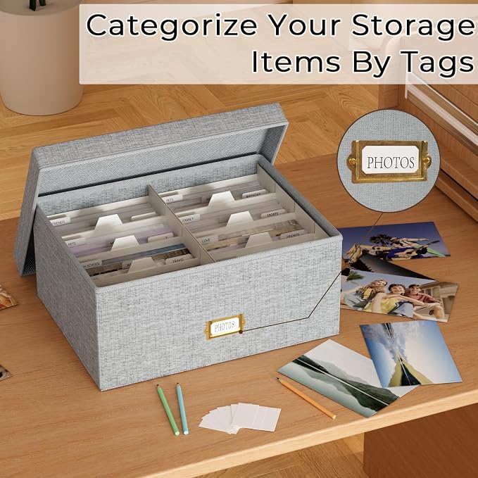 Decorative Photo Storage Box, Linen Photo Box Holds 1700 5x7 Pictures Grey | Photo Storage Containers with 8 Dividers, Memory Keepsake Organizer for Photos, Scrapbook Supplies, Cards, Stamps,Archive Box