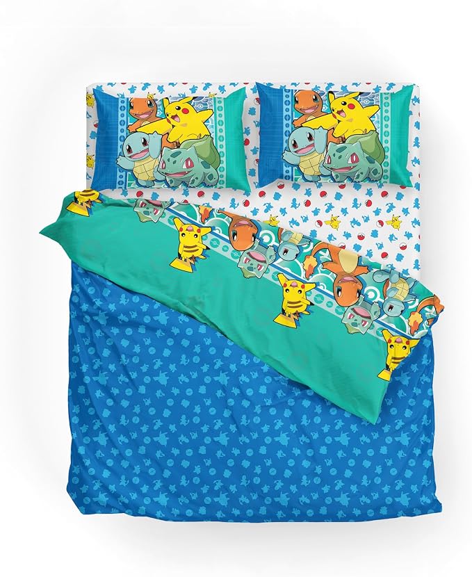 Northwest Pokemon First Starters Full Size Bed in a Bag Set, Pikachu Charmander Squirtle Bulbasaur, Kids Boys Girls Bedding Comforter Sheets