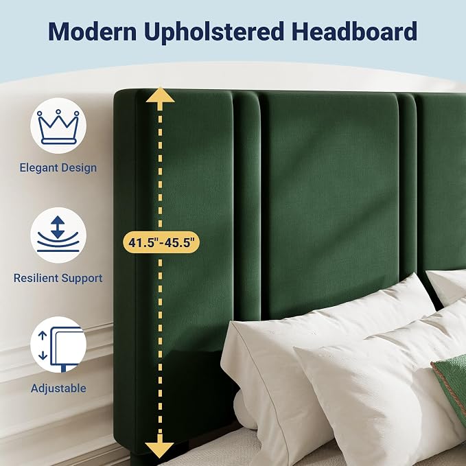 Allewie Queen Platform Bed Frame with Adjustable Headboard | Plush Velvet Upholstered, Vertical Channel Tufted, Sturdy Wood Slats, No Box Spring Needed, Easy Assembly, Green
