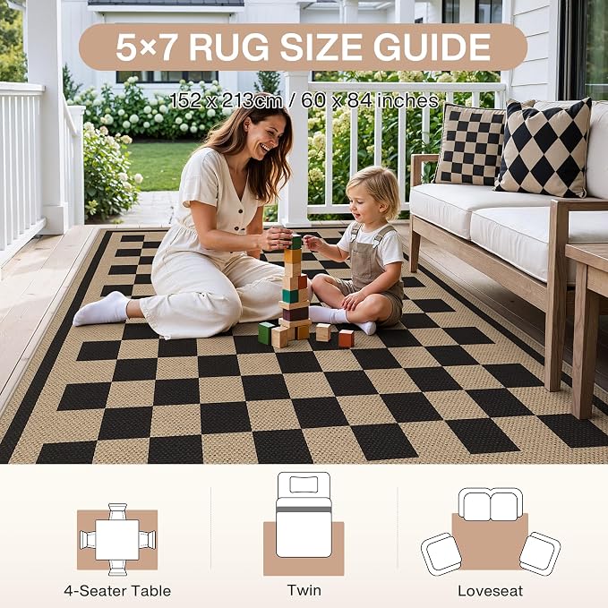 Tribesigns 5x7 Black Checkered Easy Jute Outdoor Patio Rug for Backyard | Washable, Non-Slip Geometric Rug for Living Room, Porch, Dining Area, Rv and Indoor Outdoor Use, Includes 4 Rug Grippers