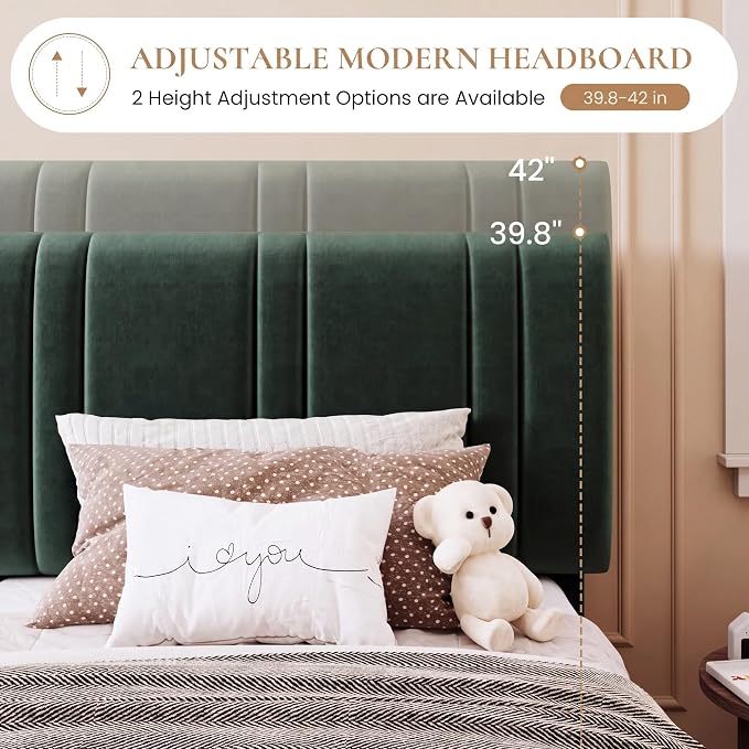 SHA CERLIN Twin Size Velvet Bed Frame with Adjustable Headboard, Green | Vertical Channel Tufted Design, Upholstered Platform Bed, Wood Slats Support/No Box Spring Needed/Easy Assembly