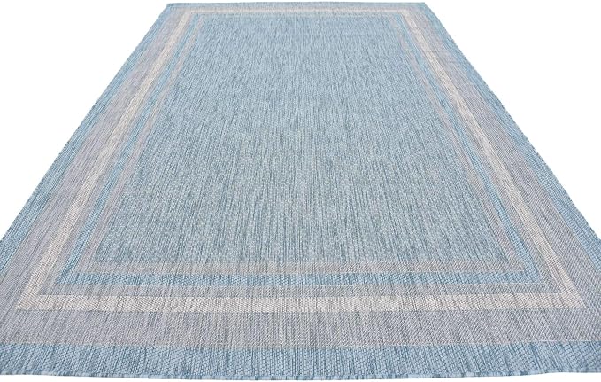 Unique Loom Outdoor Border Collection Area Rug - Soft Border (7' 1" x 10' Rectangle, Aquamarine/ Ivory)