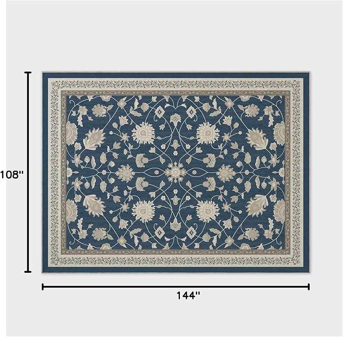 EVERGRACE Area Rugs for Living Room 9x12, Boho Floral Faux Wool Indoor Outdoor Rugs, Washable Rugs for Bedroom Dining Room Entryway Kitchen, Low Pile Floor Mat Carpet for Home Decor, Navy Blue