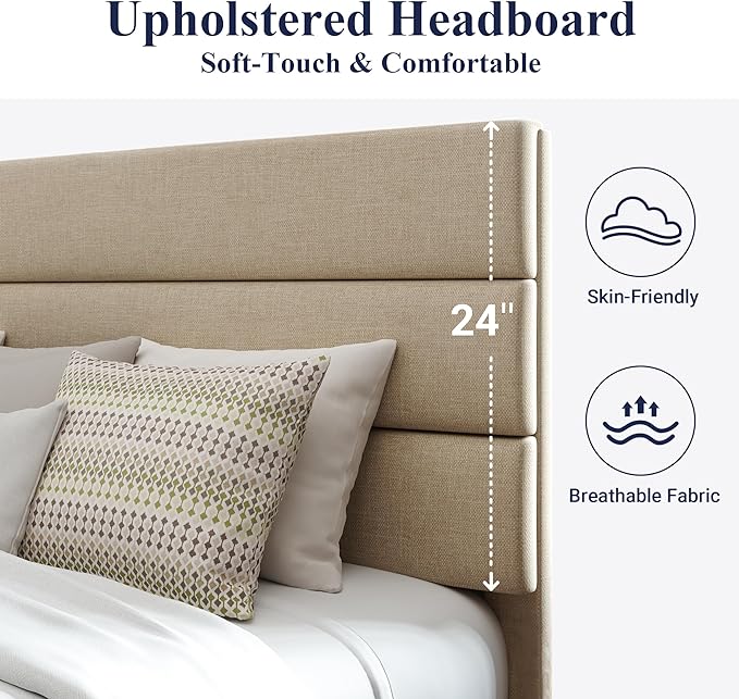 Allewie Full Size Platform Bed Frame with Fabric Upholstered Headboard | Wooden Slats Support, Fully Upholstered Mattress Foundation, No Box Spring Needed, Easy Assembly, Noise-Free, Beige