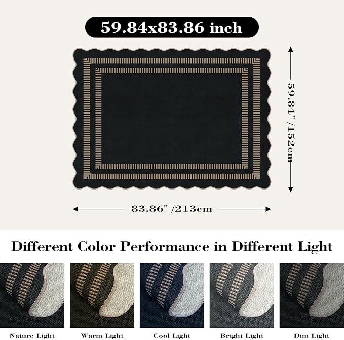 Scalloped Modern Easy Jute Carpet, 5x7 Outdoor Patio Washable Area Rug, Indoor Black Kitchen Rugs Farmhouse Neutral Non Slip Rug for Living Room Patio Entryway