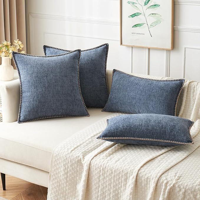 MIULEE Pack of 2 Couch Throw Pillow Covers 16x16 Inch Dark Grey Blue Farmhouse Decorative Pillow Covers with Stitched Edge Soft Chenille Solid Dyed Spring Pillow Covers for Sofa Bed Living Room