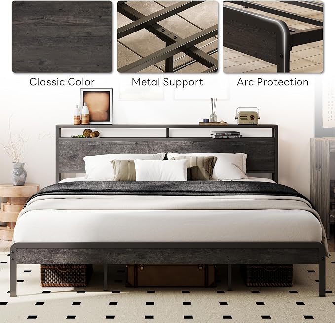 LIKIMIO California King Bed Frames with 2-Tier Storage Shelf Headboard | Dark Wood Platform Bed, Camas California King with Strong Metal Supports, Sturdy, Noise-Free, No Box Spring Needed, Grey