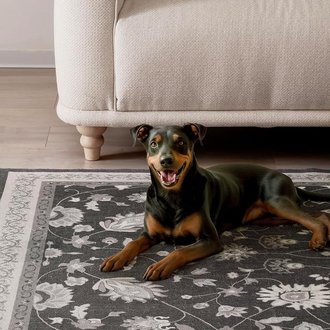 EVERGRACE Hallyway Area Runner Rugs 2x6, Boho Floral Faux Wool Indoor Outdoor Rugs, Washable Rugs for Bedroom Bathroom Living Room Kitchen, Low Pile Floor Mat Carpet for Home Decor, Ebony Black