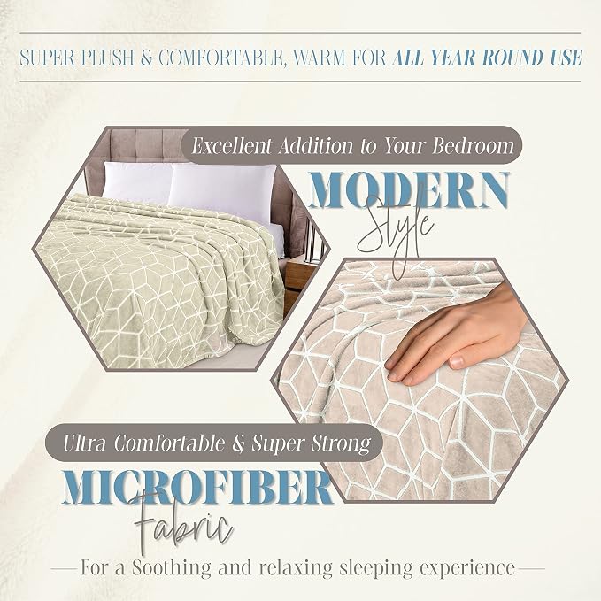 Elegant Comfort Luxury Velvety Feel Blanket, All-Season Lightweight Blanket, Ultra Plush, Soft, Cozy-Fuzzy Flannel Fleece for Couch, Sofa, Bed, Travel, Cube Design, Twin/Twin XL, Cream