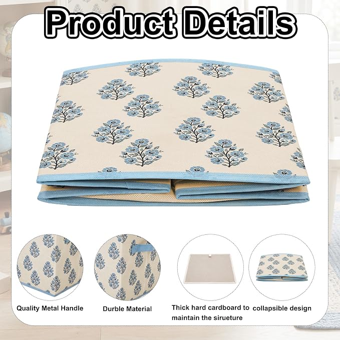 Bokon 6 Pcs 11 Inch Blue Block Print Floral Storage Bins Cube with Handles Blue Flower Fabric Storage Basket Bins Collapsible for Home Office Classroom Shelves Closets Clothes
