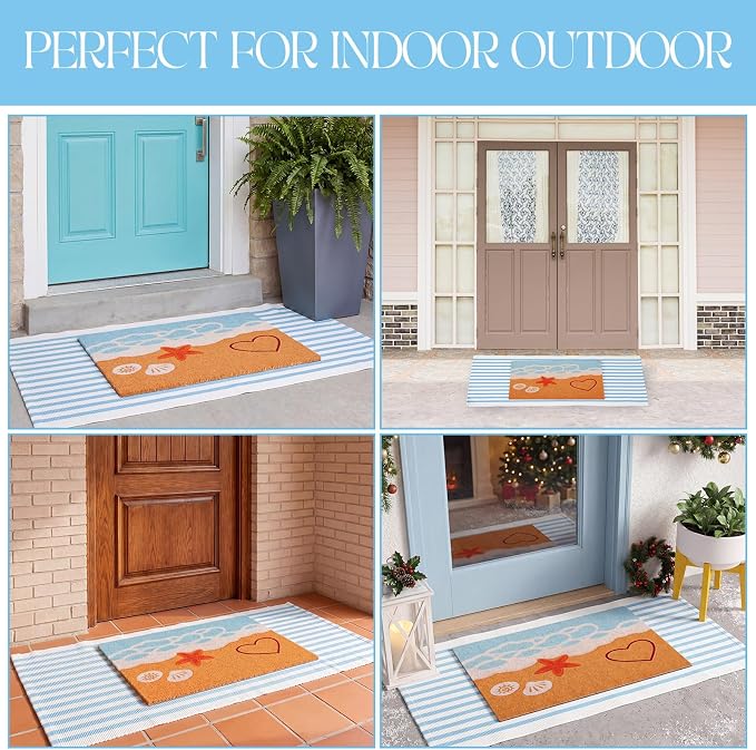 2 Pcs Outdoor Door Mat Combo Set Layered Outdoor Rug and Coir Welcome Doormat Non Slip Outside Floor Mat for Front Porch Entryway Patio Yard Decor(Beach Coastal,24'' X 51',18'' X 28'')