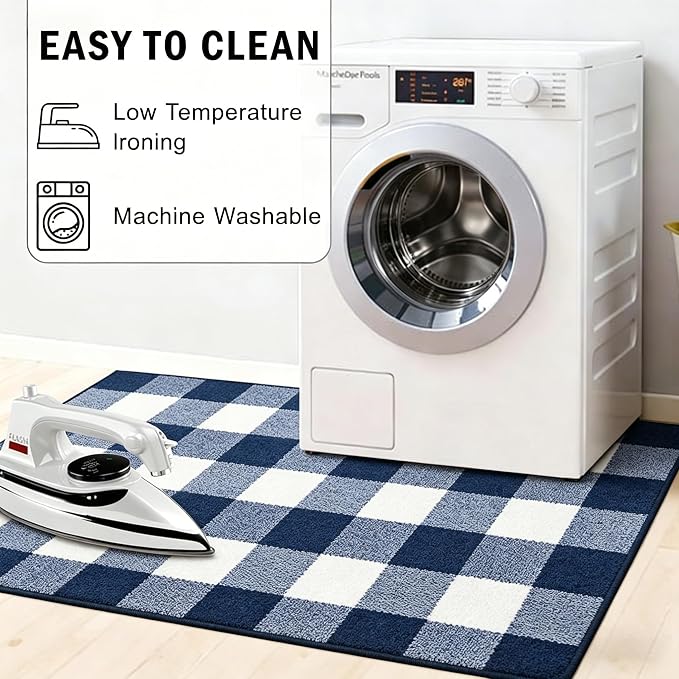 Buffalo Plaid Outdoor Rug 27.5" x 43" Navy Blue and White Checkered Area Rug Washable Doormats Indoor Outdoor Rugs for Layered Front Door Mats, Porch, Entryway, Kitchen, Farmhouse