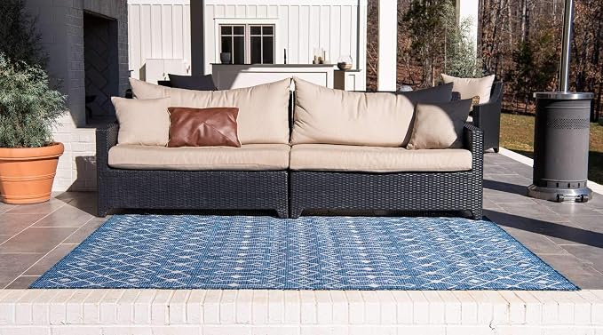 Unique Loom Outdoor Trellis Collection Area Rug - Tribal Trellis (8' x 10' Rectangle, Blue/ Ivory)