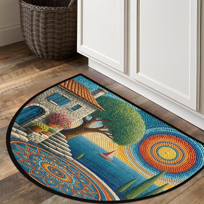 Sailboat Half Round Door Mat Semi Circle Rug Half Moon Doormat | Soft Washable Coastal Sun Welcome Entrance Mat for Outdoor Indoor Floor Bedroom Bathroom Home Kitchen Festival Decor