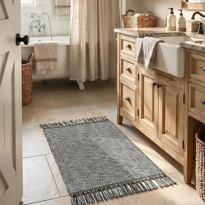 Collive Small Bathroom Rug 2' x 3', Modern Farmhouse Entryway Rugs Hand Woven Washable Kitchen Rugs, Grey Low Profile Front Door Mat Reversible Braided Carpet for Porch Back Bedroom Boho Decor