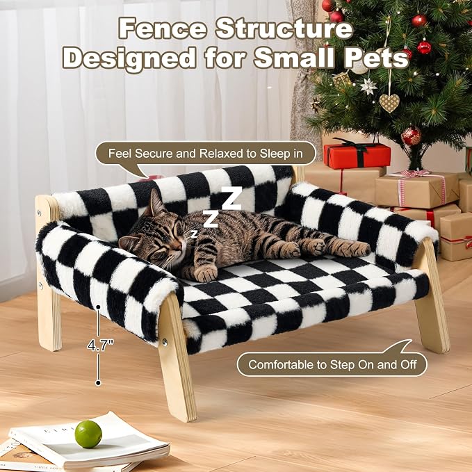 FAMIDGE Elevated Cat Couch Bed for Indoor Cats - Wooden Pet Sofa with Removable Washable Thick Cover Raised Kitty Lounge Chair Suitable for Puppy or Small Animals(Cat Sofa Chessboard)