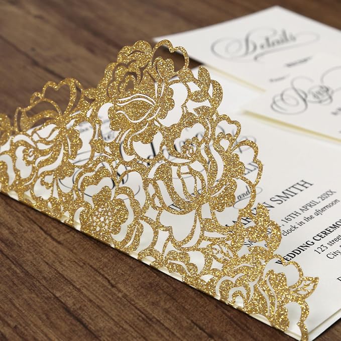 DORIS HOME Laser Cut Wedding Invitation Pockets, Gold Glitter, 5"x7" | 50pcs, With Envelopes, For Wedding & Anniversary, No Inserts Included