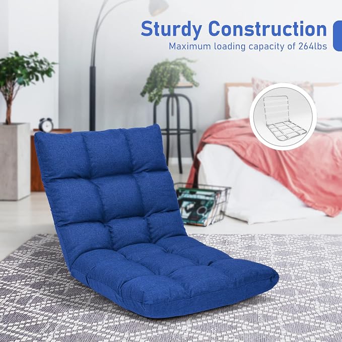 COSTWAY Floor Chair, Folding Gaming Chair with Back Support (Blue) | 14 Adjustable Positions, Alloy Steel Frame, Lazy Sofa Lounge for Playing Reading Meditating Room Recliner for Adults, Kids
