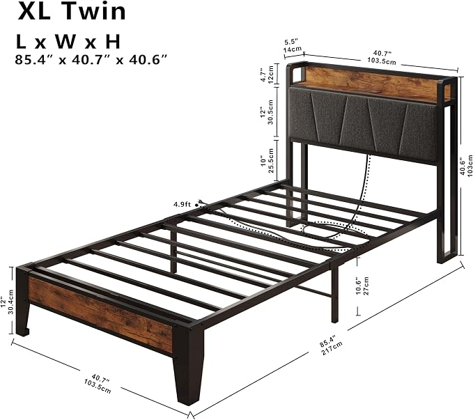 LIKIMIO Twin XL Bed Frames, Storage Headboard with Charging Station, Solid and Stable, Noise Free, No Box Spring Needed, Easy Assembly
