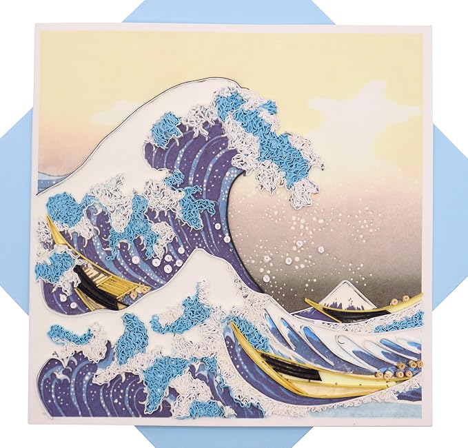 Hokusai's The Great Wave at Kanagawa (1760-1849), Quilling Art Greeting Card - Design Greeting Card for Birthday, Valentine's Day, Mothers Day, Spring, Fathers Day, Graduation, Wedding, Anniversary, Thank You, Get Well, All Occasion. Framable Artwork f...