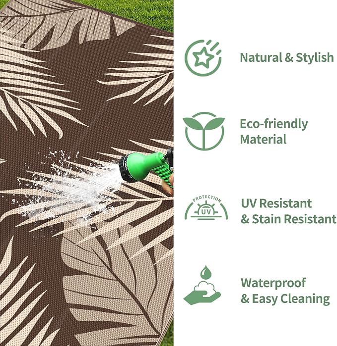 GENIMO Outdoor Rug, Waterproof Plastic Rugs 10'x14' for Camping Coffee | Outside Larger Leaf Carpet Mat for Porch Decor, Deck, Camping, RV, Backyard, Balcony, Picnic, Beach, Reversible, Foldable