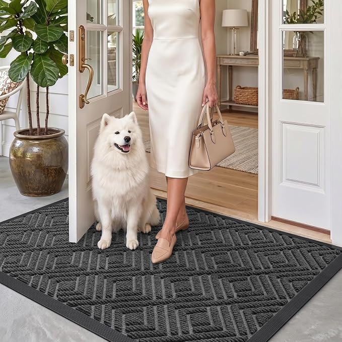 DEXI Front Door Mat Outside Entrance, 32x48 Heavy Duty Entry Doormat Dirt Trapper with Rubber Back, Non Slip Low Profile Floor Mats for Entryway Exterior Patio, Checkered Grey