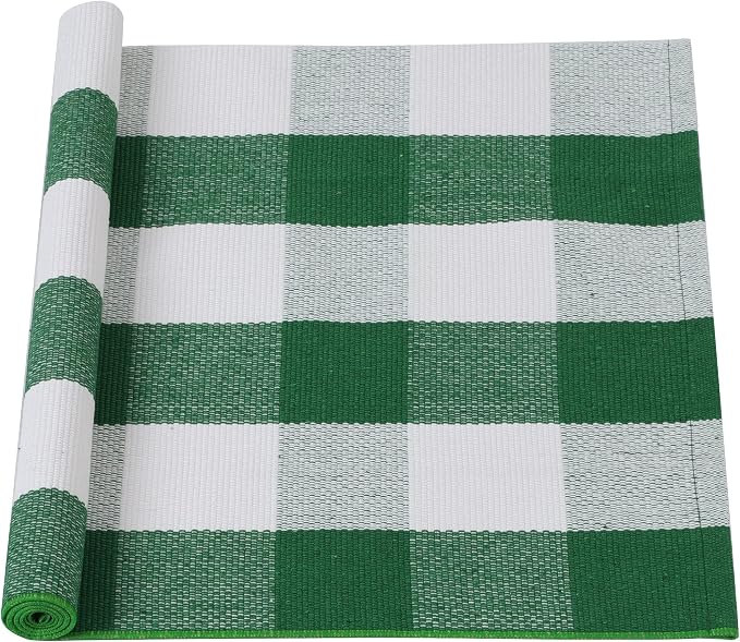 uxcell Buffalo Check Rug,Plaid Outdoor Rug,Layered Door Mat,Cotton Gingham Rugs,Floor Mat for Front Porch/Runner/Bedroom/Kitchen/Farmhouse 51"x24" Green & White