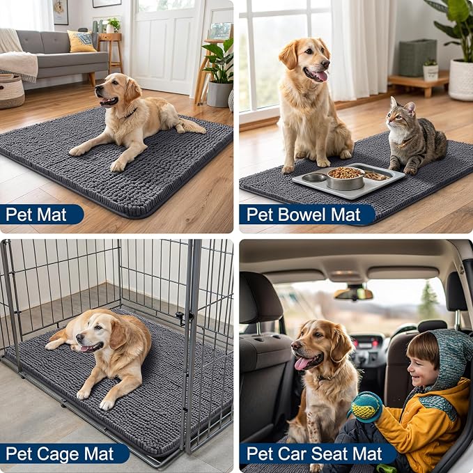 Smiry Dog Door Mat for Muddy Paws 54x32, Absorbent Dirt Trapper, Non-Slip Washable Chenille Entryway Rug for Inside Floor, Dark Grey, Classic Solid