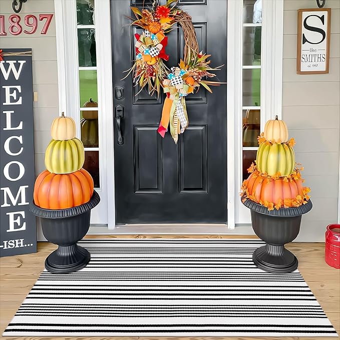 OJIA Black and White Outdoor Rug 3' x 5', Machine Washable Front Door Mats Outdoor, Cotton Hand-Woven Striped Porch Rug Entryway Rug Indoor/Outdoor Area Rug Floor Mat for Farmhouse/Living Room | Front Door Mats Outdoor Mat Cotton Woven Striped Porch Ru...