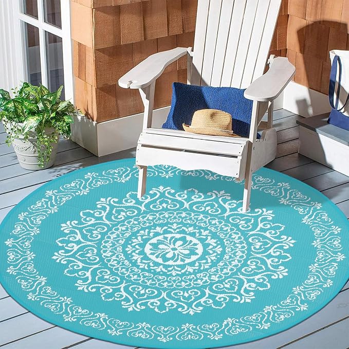 Pauwer Waterproof Outdoor Rug 6ft, Reversible Plastic Straw Patio Camping Rug, Indoor Outdoor RV Mat Carpet for Deck, Camper, Porch, Balcony, Backyard, Picnic, Floral Teal | Reversible Patio Rug, UV Resistant Indoor Outdoor RV Mat Carpet For Deck, Camp...